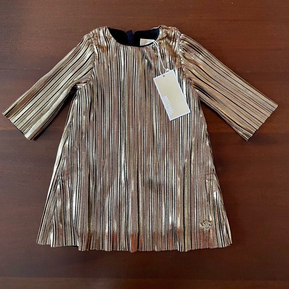 NWT Michael Kors Baby Girl Gold Lamé Pleated Dress 9M